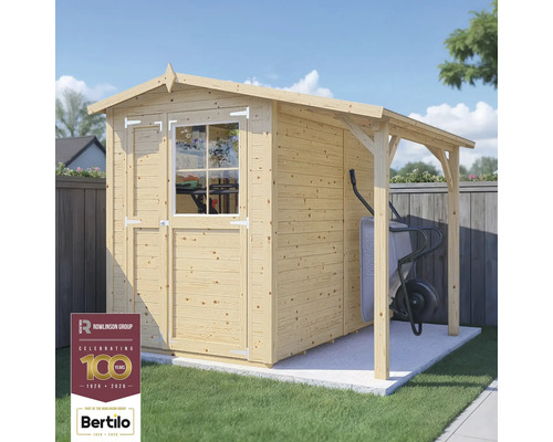 Gartenhaus Bertilo Tonio 1 Plus inkl. Schleppdach 244 x 233 cm natur Holzgartenhaus mit Vordach und Schubkarre