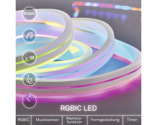 Flexibler RGBIC LED-Streifen mit Musiksensor, Memory-Funktion, Formgestaltung und Timer.