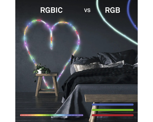 Chambre avec lit, tabouret et plante. Comparaison de rubans LED RGBIC et RGB en forme de cœur. Le RGBIC affiche plusieurs couleurs simultanément.