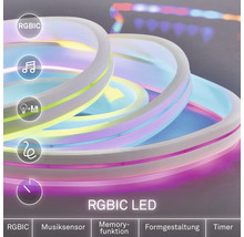 Flexibler RGBIC LED-Streifen mit Musiksensor, Memory-Funktion, Formgestaltung und Timer.