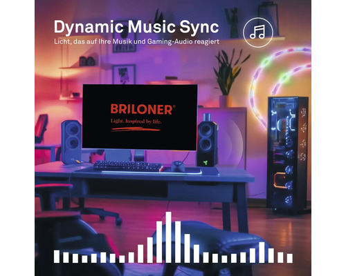 Gaming-Setup mit Schreibtisch, Monitor, Lautsprechern und PC-Gehäuse, beleuchtet durch LED-Streifen mit Musiksynchronisation. Briloner Logo.