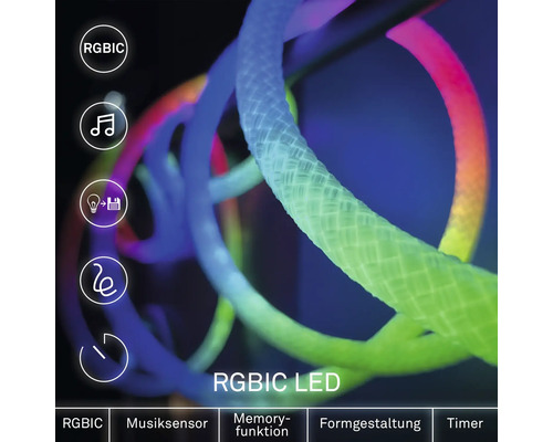 Flexibler RGBIC LED Lichtschlauch mit Musiksensor, Memory Funktion, Formgestaltung und Timer.