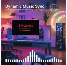 Gaming-Setup mit Schreibtisch, Monitor, Lautsprechern und PC-Gehäuse, beleuchtet durch LED-Streifen mit Musiksynchronisation. Briloner Logo.