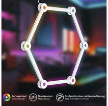 Sechseckige LED-Wandleuchte mit Farbwechsel, Musiksensor und Stufendimmung per Fernbedienung.