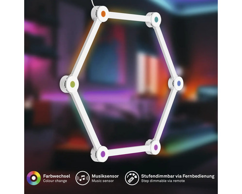 Sechseckige LED-Wandleuchte mit Farbwechsel, Musiksensor und Stufendimmung per Fernbedienung.