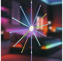 Bunte LED-Dekoleuchte in Sternform mit zwölf strahlenförmig angeordneten Armen und Aufhängehaken.