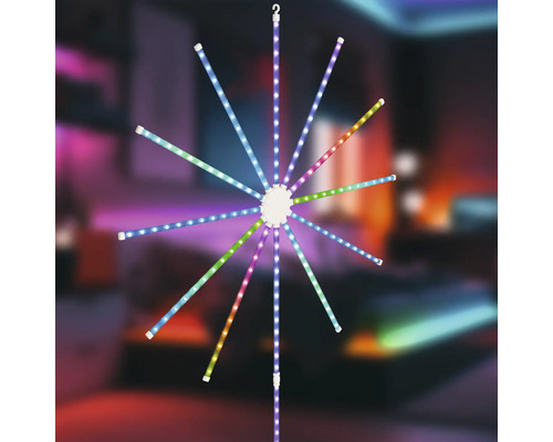 Bunte LED-Dekoleuchte in Sternform mit zwölf strahlenförmig angeordneten Armen und Aufhängehaken.