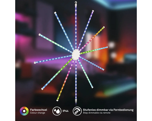 LED-Feuerwerk Lichteffekt mit Farbwechsel, spritzwassergeschützt und stufenlos dimmbar per Fernbedienung.