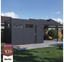 Gartenhaus mit Flachdach und seitlichem Vordach auf Rasenfläche