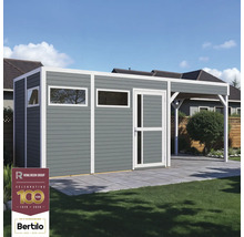 Graues Gartenhaus mit weissem Rahmen, Fenstern und einer überdachten Veranda