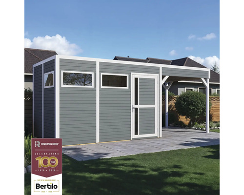 Graues Gartenhaus mit weissem Rahmen, Fenstern und einer überdachten Veranda