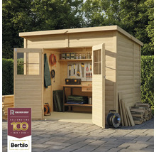 Abri de jardin en bois avec étagères et outils