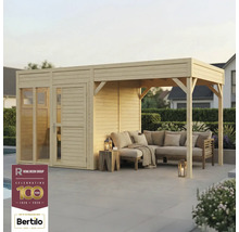 Pièce de jardin avec coin salon et remise à outils en bois