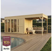 Holz Gartenhaus mit Terrasse und Loungemöbeln neben einem Pool