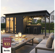 Gartenhaus mit Bar, Regalen, Beleuchtung, Tisch und Sitzgelegenheiten im Freien