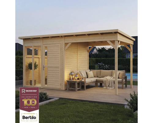 Abri de jardin en bois avec terrasse couverte et mobilier de salon