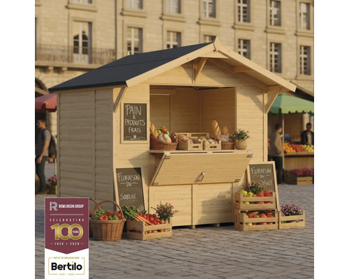 Marktstand aus Holz mit Brot und Gemüse