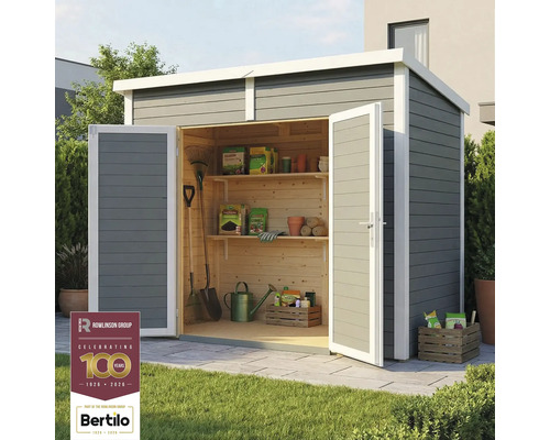 Gerätehaus Bertilo Timmo 2 mit Fussboden 248 x 137 cm silbergrau Gartenschuppen mit geöffneten Türen, Regalen und Gartengeräten