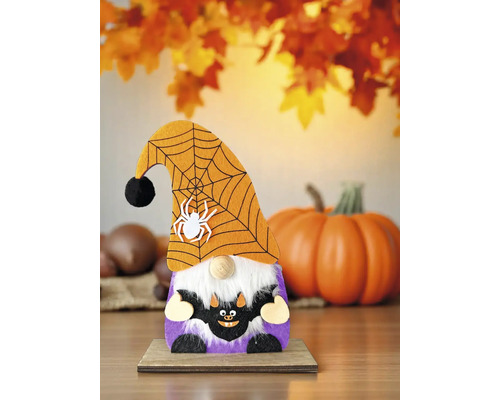 Décoration d'Halloween : figurine de gnome avec chapeau en toile d'araignée et motif de chauve-souris