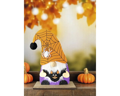 Décoration d'Halloween : Nain avec chapeau en toile d'araignée et application de chauve-souris