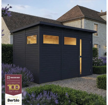 Dunkelgrauer Holzgarten Schuppen mit Flachdach, Tür und Fenstern im Garten