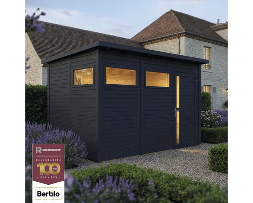 Dunkelgrauer Holzgarten Schuppen mit Flachdach, Tür und Fenstern im Garten