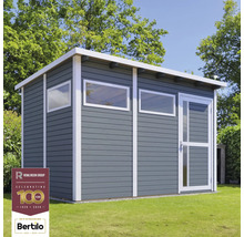 Abri de jardin en bois avec fenêtres et porte sur une pelouse