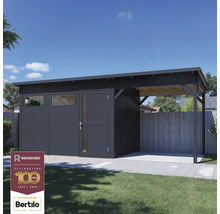 Abri de jardin moderne avec abri de voiture et logo Rowlinson Group.