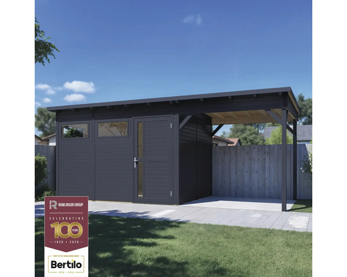 Abri de jardin moderne avec abri de voiture et logo Rowlinson Group.