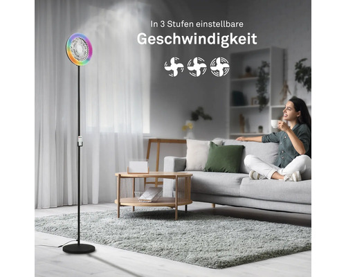 Ventilateur sur pied avec vitesse réglable et éclairage coloré dans un espace de vie