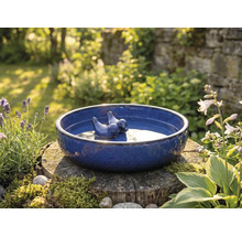 Abreuvoir bleu pour oiseaux avec figurines d'oiseaux sur une souche d'arbre dans le jardin