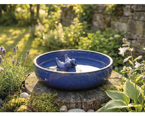 Abreuvoir bleu pour oiseaux avec figurines d'oiseaux sur une souche d'arbre dans le jardin