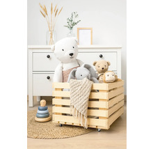Caisse en bois avec ours en peluche, lapin et singe sur un tapis devant une commode