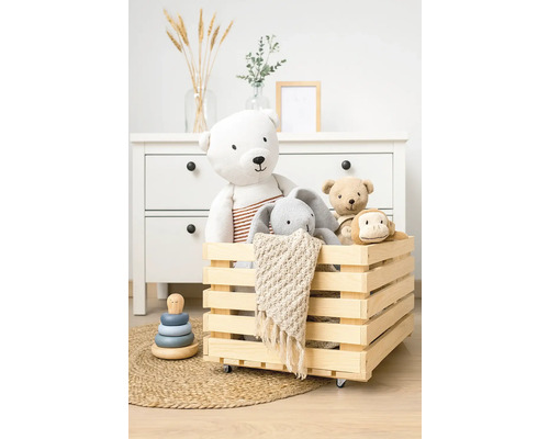 Caisse en bois avec ours en peluche, lapin et singe sur un tapis devant une commode