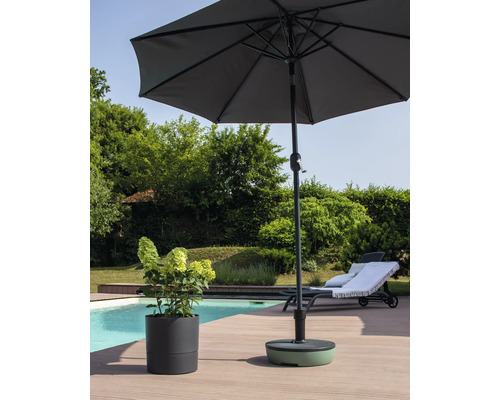 Scène avec parasol, pied de parasol, plante en pot et chaise longue au bord de la piscine