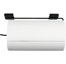 Küchenrollenhalter aus schwarzem Metall mit einer Rolle weißem Papier.