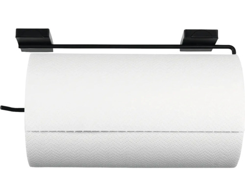 Küchenrollenhalter aus schwarzem Metall mit einer Rolle weißem Papier.