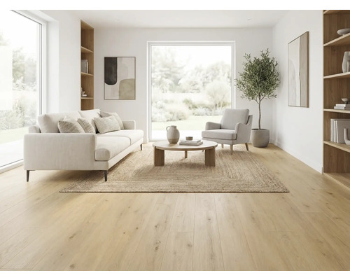 Salon lumineux avec canapé, fauteuil, tapis et parquet