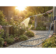 Une personne arrose des roses avec un tuyau d'arrosage sur un chemin pavé.