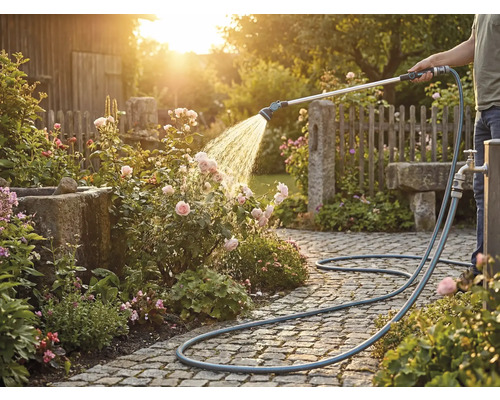 Une personne arrose des roses avec un tuyau d'arrosage sur un chemin pavé.