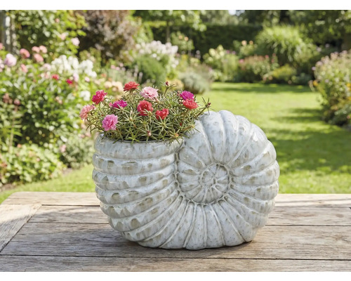 Pflanzgefäss in Form einer Schnecke mit blühenden Blumen auf einem Holztisch im Garten