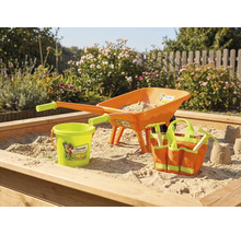 Spielzeugsandkasten mit Schubkarre, Eimer und Zubehör