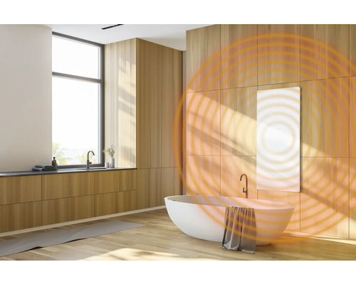 Salle de bains moderne avec baignoire, lavabo et panneau chauffant au mur avec ondes de chaleur.
