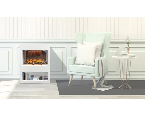 Salon avec cheminée électrique, fauteuil et table d'appoint