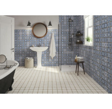 Badezimmer mit Dusche, Waschtisch, Badewanne und blau-weiss gemusterten Fliesen.