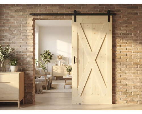 Holzschiebetür mit X-Muster in rustikalem Raumdesign