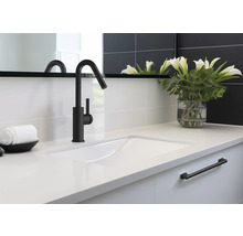 Waschbecken mit schwarzer Armatur, weisser Arbeitsplatte und Dekoration im Badezimmer