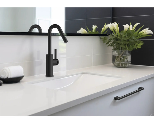 Waschbecken mit schwarzer Armatur, weisser Arbeitsplatte und Dekoration im Badezimmer