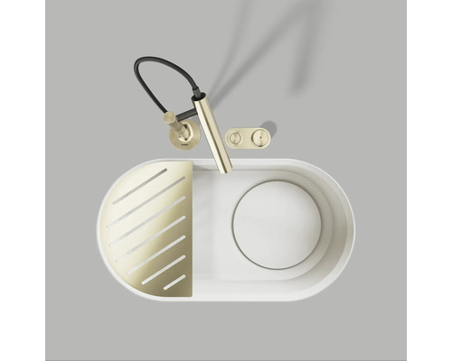 Vue de dessus d'un évier avec robinet et égouttoir