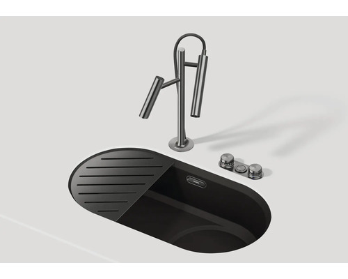 Spüle mit Abtropffläche, Armatur und Bedienknöpfen